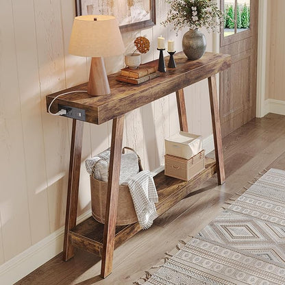 Huuger Console Table with Charging Station, USB-C Port, 2 Tiers Entryway Table, 47.2 Inch Sofa Table with Metal Legs, Entry Hallway Table with Thicker Desktop, Behind Couch Table, Rustic Brown