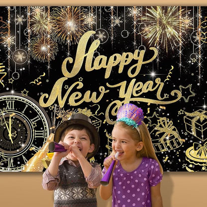 Happy New Year Backdrop,7x5FT 2026 Black Happy New Year Backdrop Party Decor New Year Banner New Year Eve Party Backdrop Supplies