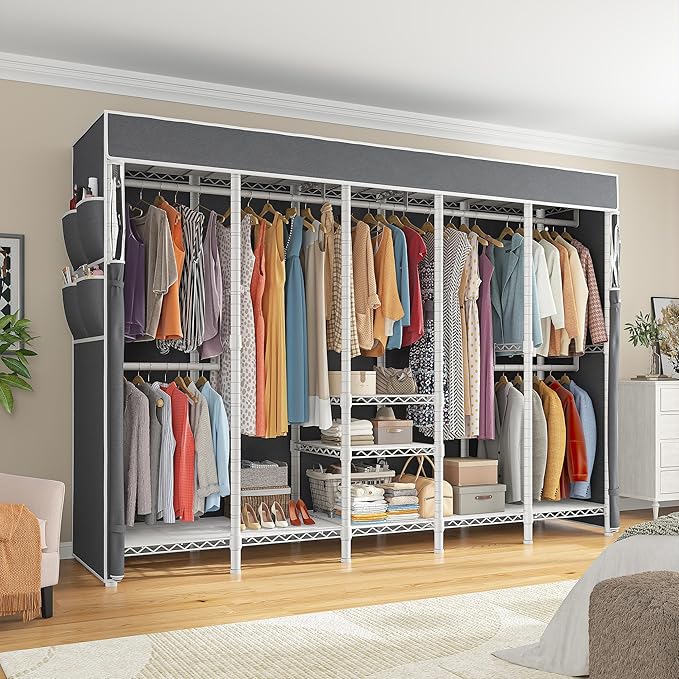 Raybee 90.6" W Clothes Rack with Cover Heavy Duty Clothing Racks for Hanging Clothes Portable Closet Loads 1200LBS Freestanding Garment Rack for Bedroom, White