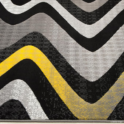 Allstar 5x7 Grey and Gainsboro Grey Modern and Contemporary Rectangular Accent Rug with Yellow and Charcoal Grey Wavy Zigzag Design (4' 11" x 6' 11")