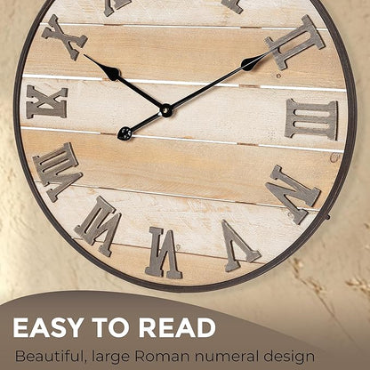 Large Wooden Wall Clock - Antique, Vintage, Rustic, Country Farmhouse Style - Real Wood - Iron Roman Numeral Design - Built-in Wall Hanging Ring - 23.5" x 28"