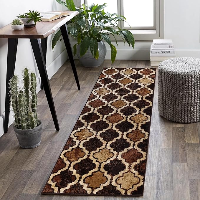 Superior Indoor Runner Rug, Jute Backing, Modern Plush Rugs for Hallway, Living, Dining Room, Office, Kitchen, Geometric Trellis Floor Decor, Viking Collection, 2' 7" x 10', Coffee