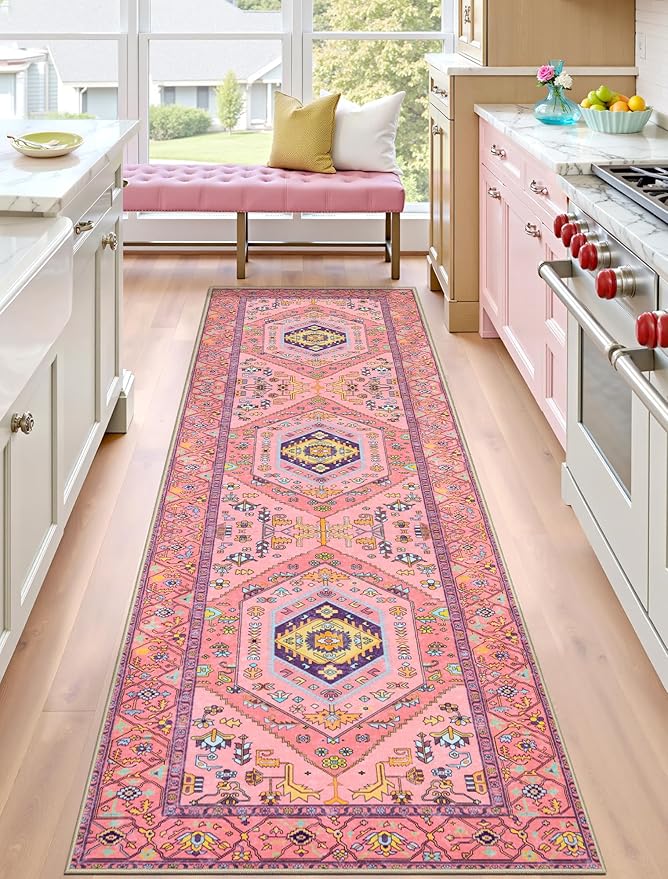 SERISSA Runner Rug for Hallways, 2'6"x8' Washable Non Slip Kitchen Runner Rug, Ultra Soft Cute Boho Aesthetic Rug Long Fuchsia Pink Floor Carpet for Bedroom Bathroom Laundry Living Room
