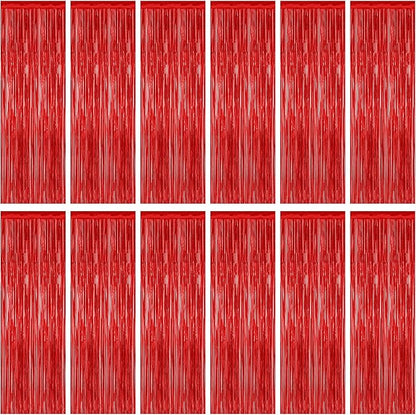 12 Pack Red Curtains, 3.28 FT x 7.05 FT Party Streamer, Metallic Party Backdrop Birthday Streamer Foil Curtains, Fringe Tinsel for Red Party Decor Casino Theme Decorations Party Supplies