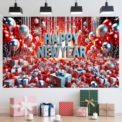 Nuxovilar Happy New Year Banner, Red Blue Balloons Dense Backdrop for Party Decorations, 71x43 Inch