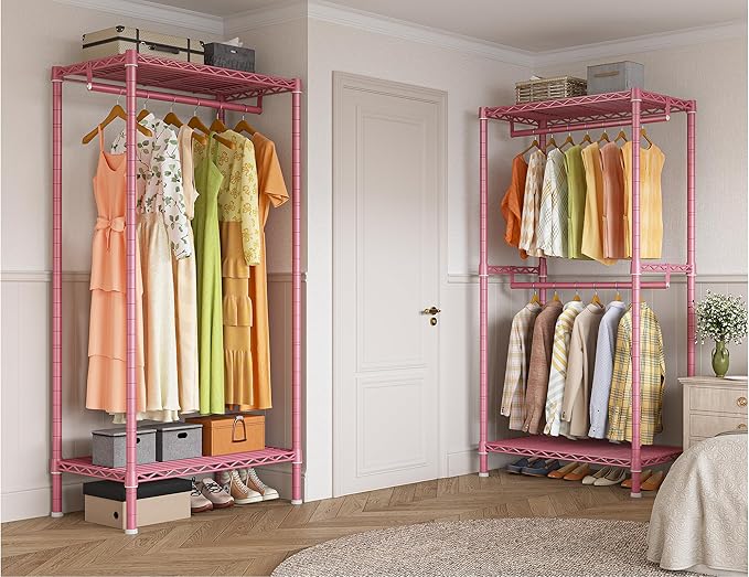 Raybee Clothes Rack Heavy Duty Clothing Racks for Hanging Clothes Adjustable Hanging Clothes Rack Garment Rack, Pink, 13.9" D x 70.6" W x 77" H
