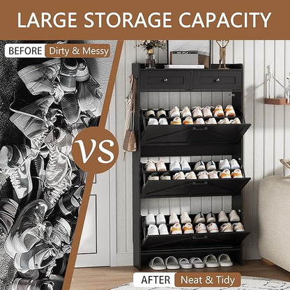 Shoe Cabinet with 3 Flip Drawers & 2 Top Drawers, 57" Tall Freestanding Narrow Wooden Shoe Storage Organizer for Entryway, Hidden Slim Shoe Rack for Front Door Entrance, Hallway, Living Room, Black