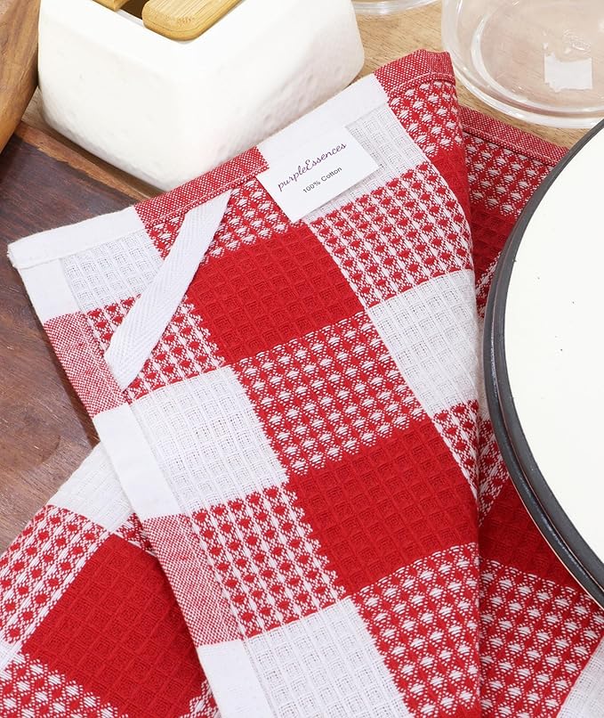 PurpleEssences 100% Cotton Waffle Weave Check Plaid Kitchen Towels, Super Soft and Absorbent Dish Towels for Drying Dishes 15x25-6 Pack - Christmas Holiday Winter - Red and White