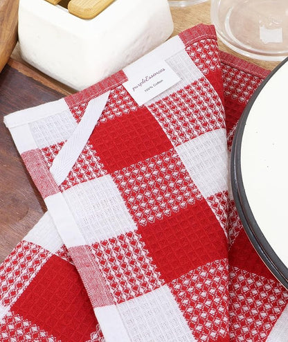 PurpleEssences 100% Cotton Waffle Weave Check Plaid Kitchen Towels, Super Soft and Absorbent Dish Towels for Drying Dishes 15x25-6 Pack - Christmas Holiday Winter - Red and White