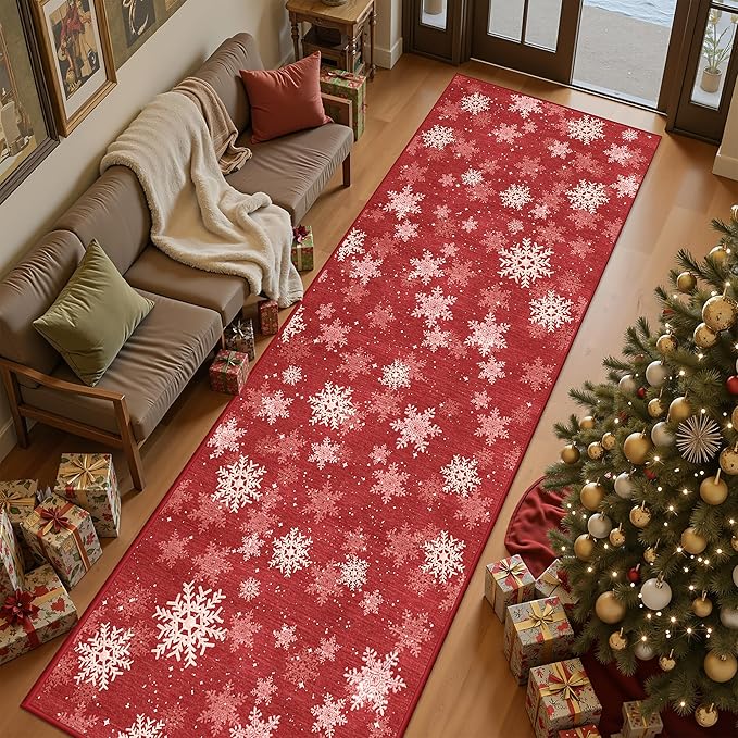 3x8 Runner Rug Non Slip for Hallway, Washable Christmas Rugs for Living Room, Ultra-Thin Snowflake Bathroom Rug Runner, Soft Red and White Christmas Decor Indoor(3'x8', Red/White)