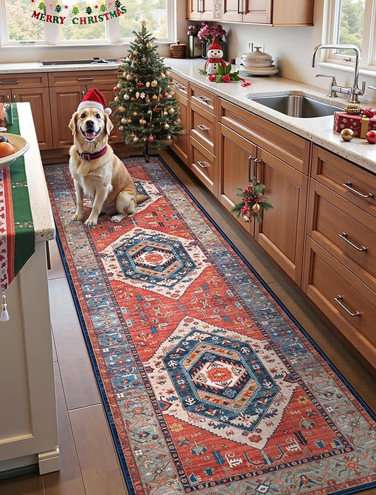SERISSA Runner Rug for Hallways, 2'6"x8' Washable Non Slip Boho Kitchen Runner Rug, Vintage Rust Ultra Soft Print Distressed Tribal Floor Carpet for Bedroom Bathroom Laundry Room