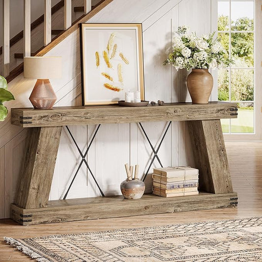 Tribesigns 70.9" Farmhouse Console Table, Long Sofa Table Behind Couch with Storage, Narrow Console Station, Industrial Rustic Entryway Furniture for Hallway, Entry, Living Room (1, Light Brown Oak)