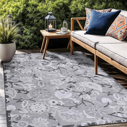 Floral Indoor Outdoor Rugs 8x10 Large Area Rug for Living Room, Patio Decor, Kitchen, and Entryway Rug, Washable Stain Resistant Outside Carpet Gray 8 x 10