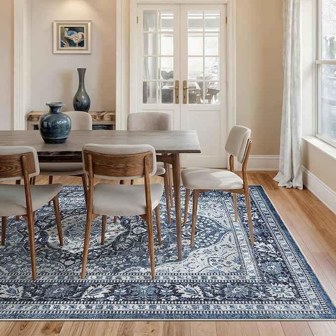 Bloom Rugs Washable Non-Slip 10x14 Rug - Blue Traditional Oriental Area Rug for Living Room, Bedroom, Dining Room, and Kitchen - Exact Size: 10' x 14'