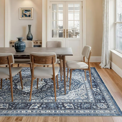 Bloom Rugs Caria Washable Non-Slip 8x10 Rug - Blue Traditional Area Rug for Living Room, Bedroom, Dining Room, and Kitchen - Exact Size: 7'8" x 10'