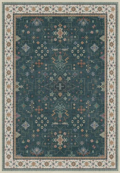 Dark Green Vintage 7x10 Washable Rugs for Living Room - Dark Academia Victorian Floral Geometric Bedroom Rug, Ultra Soft Thin Low Pile Non-Slip Large Rugs for Lounge