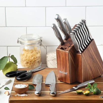 McCook® Premium Knife Sets,Full Tang Hammered German Stainless Steel Kitchen Knife Set with 8 Pieces Steak Knives and Acacia Block