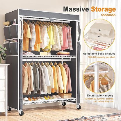 Raybee Heavy Duty Clothes Rack with Cover, 81" H Clothing Racks for Hanging Clothes, Portable Closet with Wheels and Adjustable Feet, Max Load 440LBS, White