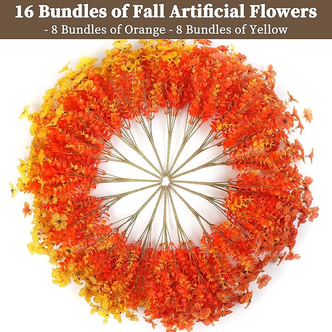 16 Bundles Artificial Mums for Outdoors/Indoors Faux Mums for Outdoor Planters, Eucalyptus Leaves Fall Flowers Artificial for Decoration Boxwood Garden Porch Window Home Wedding (Yellow&Red Orange)