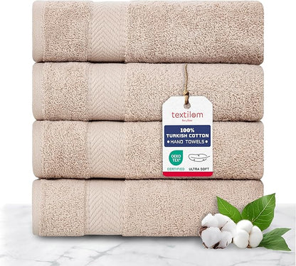 TEXTILOM 100% Turkish Cotton 4 Pcs Hand Towel Set, Luxury Hand Towels for Bathroom, Soft & Absorbent Bathroom Hand Towels Set (16 x 28 inches)- Beige