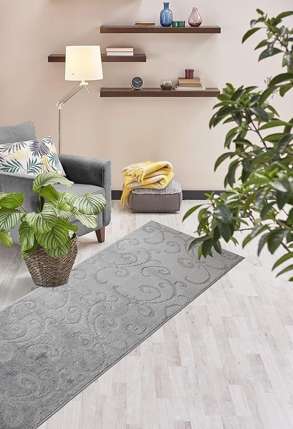 Custom Cut Hallway Runner Rug, Slip Resistant, 31 Inch Wide X Your Choice of Length, Scroll Grey, 31 Inch X 5 feet