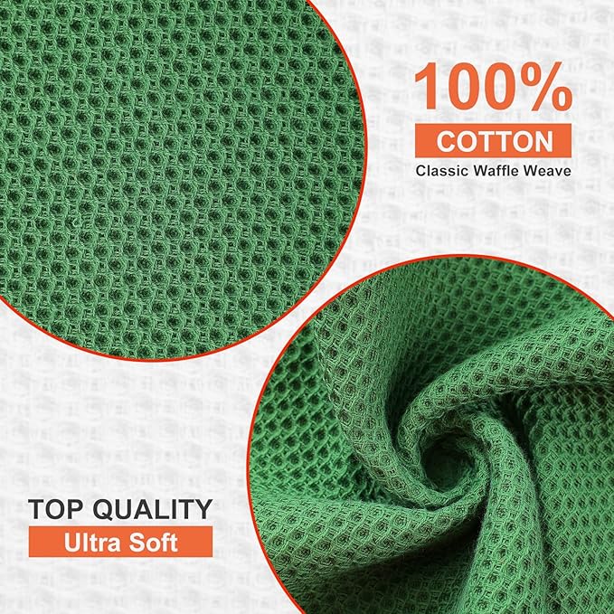 Kitinjoy 100% Cotton Kitchen Dish Cloths, 8 Pack Waffle Weave Ultra Soft Absorbent Dish Towels for Drying Dishes Quick Drying Kitchen Towels Dish Rags, 12 X 12 Inches, Grass Green