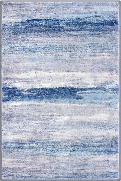 KOZYFLY Washable Area Rug 5x7 Modern Ombre Thin Rugs for Living Room Non-Slip Soft Striped Area Rug for Bedroom, Print Blue/Grey/Beige Abstract Carpet for Kid Room