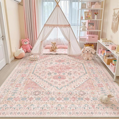zesthome 10x12 Area Rugs for Girls Bedroom, Low Pile Machine Washable Rugs, Vintage Large Pink Rugs, Stain Resistant Nursery Room Rug, Baby Crawling Rug (Pink/Blue,10'x12')