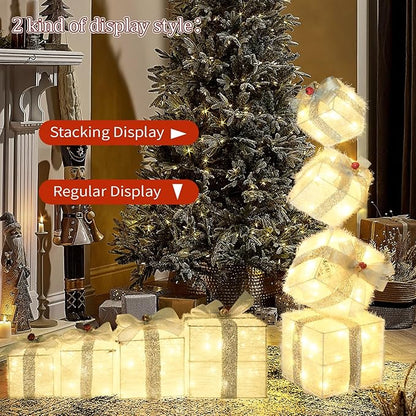 Christmas Lighted Gift Boxes Decorations Set of 4, 3.6Ft Stackable Christmas Nesting Boxes Battery Operated for Home and Party Decoration (10"-8"-6"-5", Silver Bow)