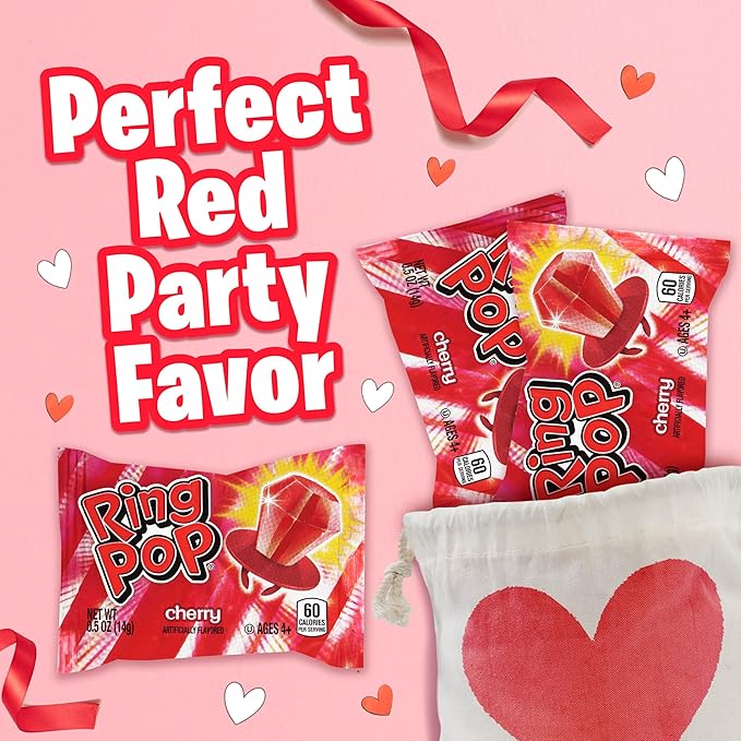 Ring Pop Red Valentine's Candy Lollipops, 30 Ct Bulk Individually Wrapped in Red Cherry Flavor, Full Size, Fun Hard Candy For Birthday Parties, Valentine's Gifts, Goodie Bags, Party Favors