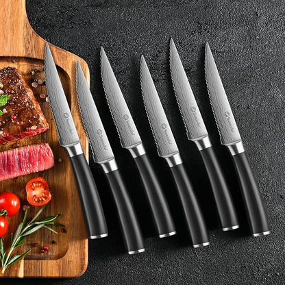 Sunnecko Knife Set with Block and Sharpener, 15 PCS Kitchen Knife Block Set Sharp Kitchen Knives High Carbon Stainless Steel with Black Handles