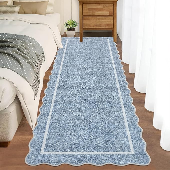 GarveeHome Scalloped Washable Kitchen Runner Rug 2x8, Blue Runners for Hallway, Non Slip Boho Soft Bathroom Throw Mat Bordered Carpet Runner for Laundry Entryway Bedroom 2 ft x8 ft Blue