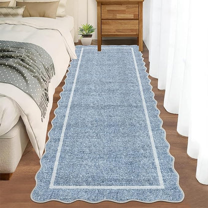 GarveeHome Scalloped Washable Runner Rug 2x6 Non Slip Kitchen Rugs Modern Blue Indoor Entryway Rug Farmhouse Soft Bath Mat Stain Resistant Carpet for Bedroom Hallway Laundry 2 ft x6 ft Blue