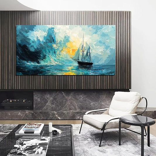 Canvas Wall Art Decor Large Abstract Coastal Wall Art Prints Abstract Canvas Art Wall Decor Modern Blue Green Wall Art Decorations Artwork for Walls Foggy Boat Bedroom Office Decor 24" X 48"