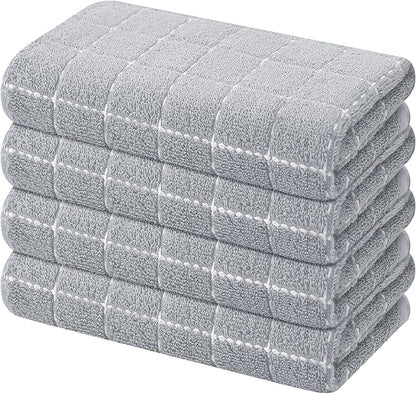 Mordimy 100% Cotton Terry Cloth Kitchen Towels, Super Soft and Absorbent Dish Towels for Drying, Checkered Designed Hand Towels for Kitchen, 16 x 26 Inches, 4 Pack, Light Grey