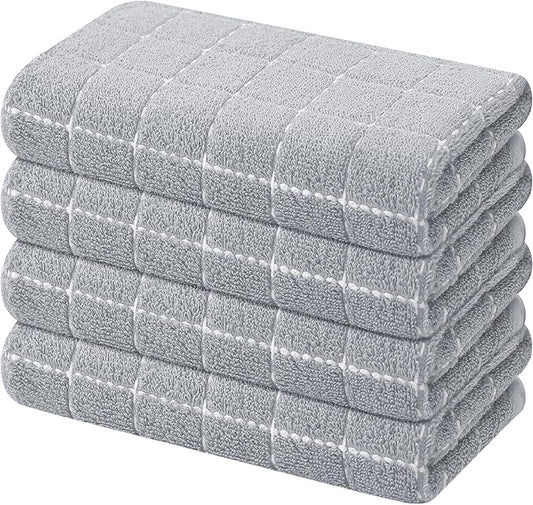 Mordimy 100% Cotton Terry Cloth Kitchen Towels, Super Soft and Absorbent Dish Towels for Drying, Checkered Designed Hand Towels for Kitchen, 16 x 26 Inches, 4 Pack, Light Grey