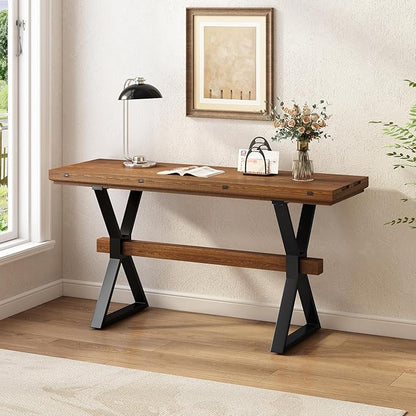 Scott Living Rockleigh Expandable Console Table, Rectangular Sofa-Table, X-Shaped Metal Frame Couch Table, Entryway Sofa-Table, Narrow Accent Behind Couch, Space Save Expandable for Living Room, Brown