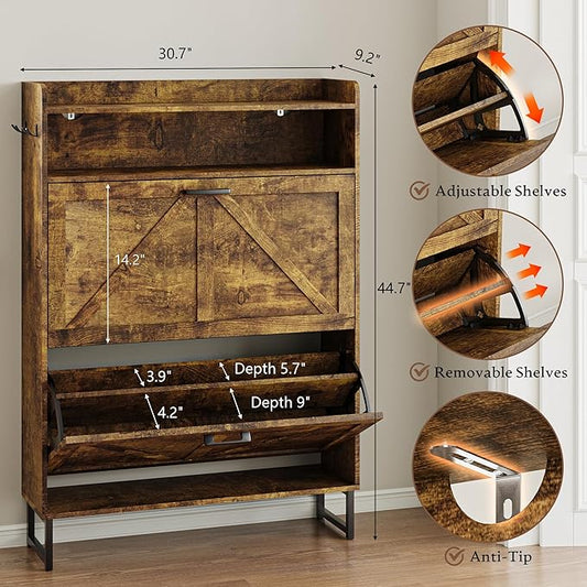 Shoe Cabinet with 2 Flip Drawers Narrow Shoe Storage Cabinet Organizer Wooden Freestanding Rack Hidden Slim Storage for Entryway, Hallway, Living Room, Bedroom (Brown)