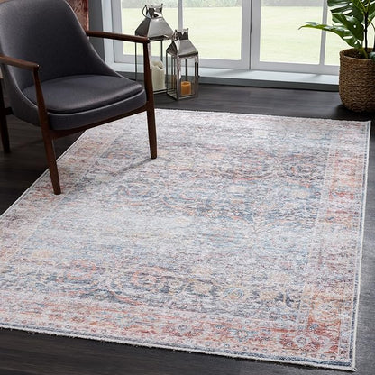 Bloom Rugs Caria Washable Non-Slip 4x6 Rug - Ocean Blue/Brick Traditional Area Rug for Living Room, Bedroom, Dining Room, and Kitchen - Exact Size: 4' x 6'