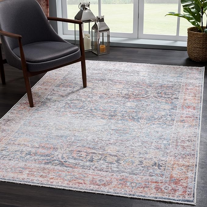 Bloom Rugs Caria Washable Non-Slip 3x5 Rug - Ocean Blue/Brick Traditional Area Rug for Living Room, Bedroom, Dining Room, and Kitchen - Exact Size: 3' x 5'