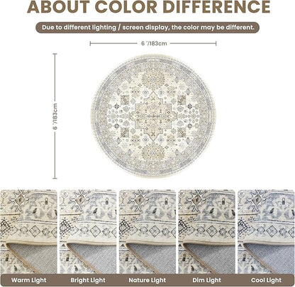 zesthome Washable Round Area Rugs - Non-Slip 6ft Round Rugs, Ultra-Thin Large Circle Rugs for Living Room, Soft Low Pile Rug for Bedroom, Kitchen, Nursery - Vintage Stain Resistant Round Rug
