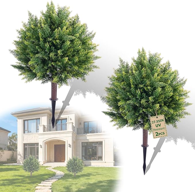 Artificial Cypress, 27.55'' Topiary Trees Artificial Outdoor, Faux Cedar Shurbs with Ground Spike, UV - Resistant Faux Plants for Outdoor planters, Set of 2 Fake Bushes Front Porch