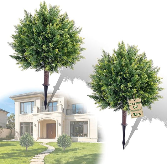 Artificial Cypress, 27.55'' Topiary Trees Artificial Outdoor, Faux Cedar Shurbs with Ground Spike, UV - Resistant Faux Plants for Outdoor planters, Set of 2 Fake Bushes Front Porch