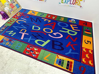 Alphabet and Numbers Teaching Toddler Rug, 7'6" x 12' Rectangle, Educational Classroom Rug, Kids Learning Play Mat | Area Rug for Bedroom or Playroom
