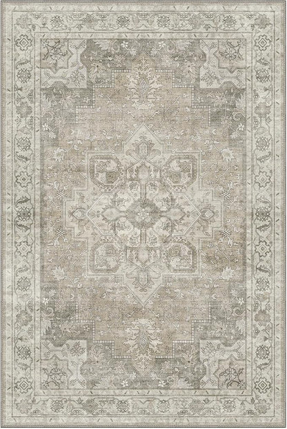 GENIMO 10x14 Area Rugs for Living Room, Machine Washable Non Slip Vintage Rugs, Low Pile Lightweight Chenille Print Rug for Bedroom, Dining Room, Home Office, Trench