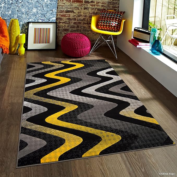 Allstar 5x7 Grey and Gainsboro Grey Modern and Contemporary Rectangular Accent Rug with Yellow and Charcoal Grey Wavy Zigzag Design (4' 11" x 6' 11")