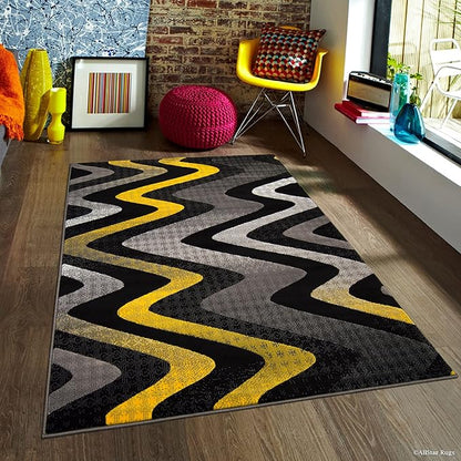 Allstar 5x7 Grey and Gainsboro Grey Modern and Contemporary Rectangular Accent Rug with Yellow and Charcoal Grey Wavy Zigzag Design (4' 11" x 6' 11")