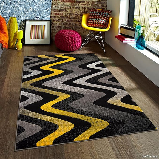 Allstar 5x7 Grey and Gainsboro Grey Modern and Contemporary Rectangular Accent Rug with Yellow and Charcoal Grey Wavy Zigzag Design (4' 11" x 6' 11")