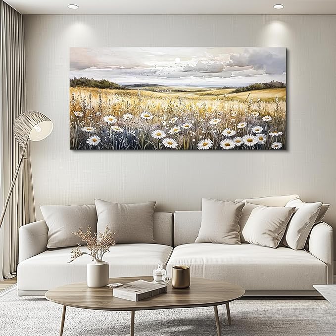 ZUITINGHUA Canvas Wall Art For Living Room Wall Decor For Bedroom Office Wall Decoration White Flower Landscape Painting Grassland Pictures Artwork Room Aesthetic Home Decor 20x40 In