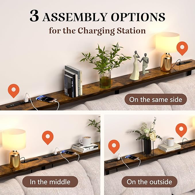 GRLEAF 102" Sofa Table with Built-in Power Strip (4 AC Outlets & 4 USB Ports) – 4.9ft Power Cord, Metal Frame, Easy Assembly, Long Couch Table Behind Sofa, Living Room and Home Office | Rustic Brown